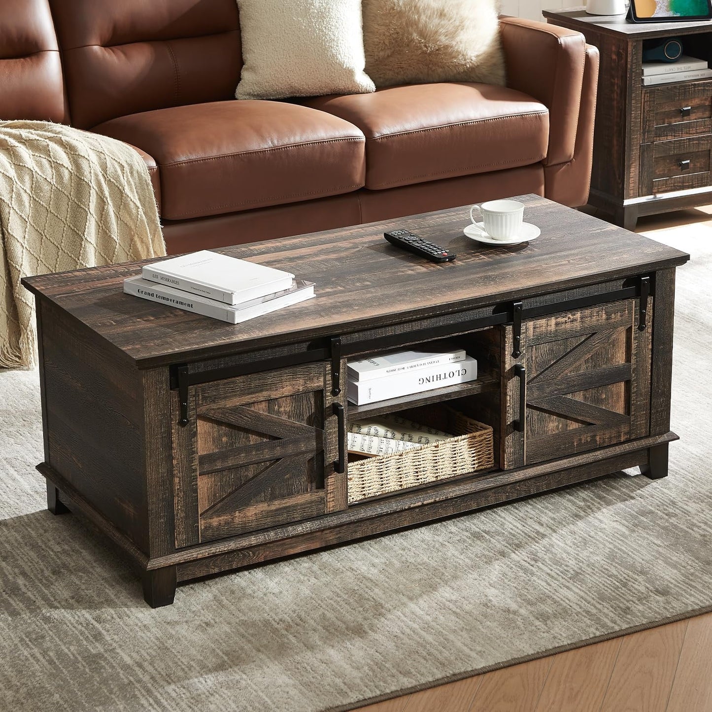 Farmhouse Coffee Table with Storage Sliding Barn Doors, Antique White