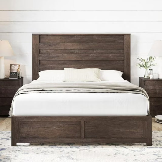 Merluxy Farmhouse Bed Frame with 49" Scalloped Headboard, Platform Bed with Natural Woodgrain Finish, No Boxspring/No Noise