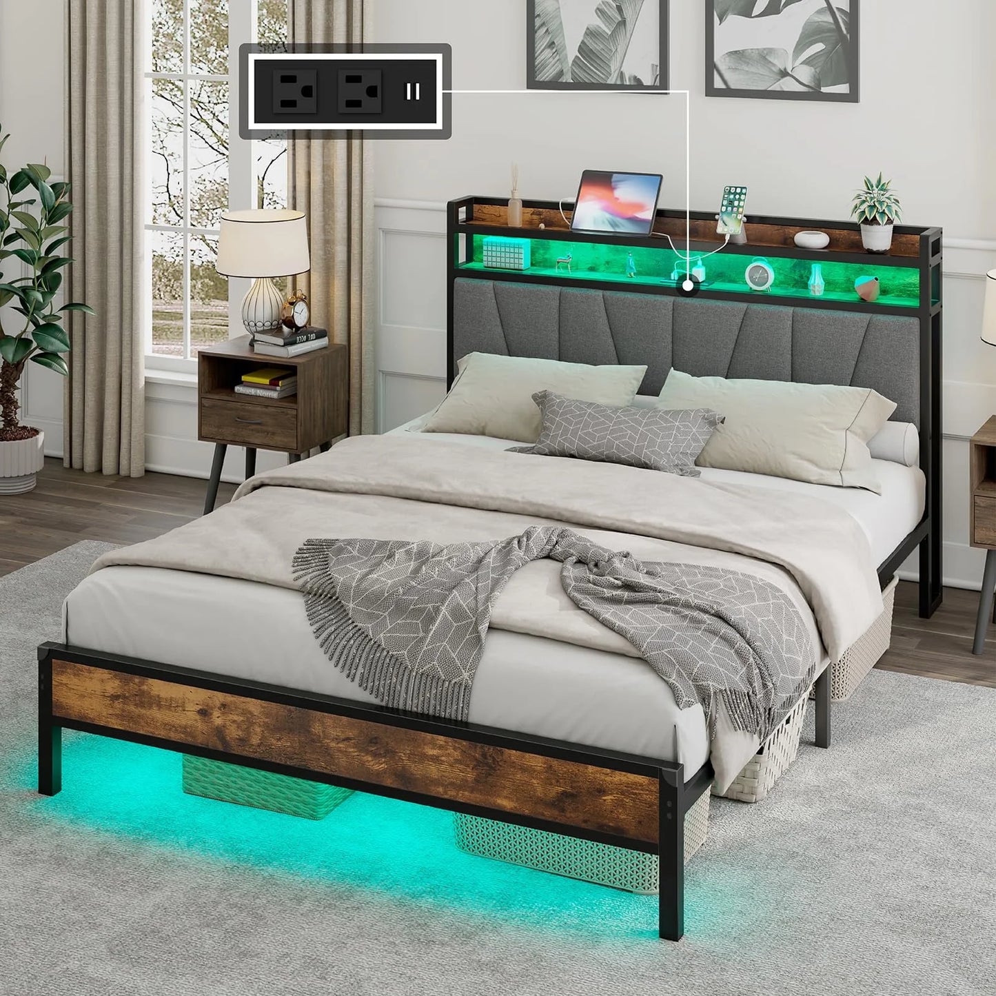 Bed Frame with RGBW LED Lights & Charging Station, Linen Upholstered Headboard with 2-Tier Storage, Stable Metal Platform, No Box Spring Needed/Noise-Free