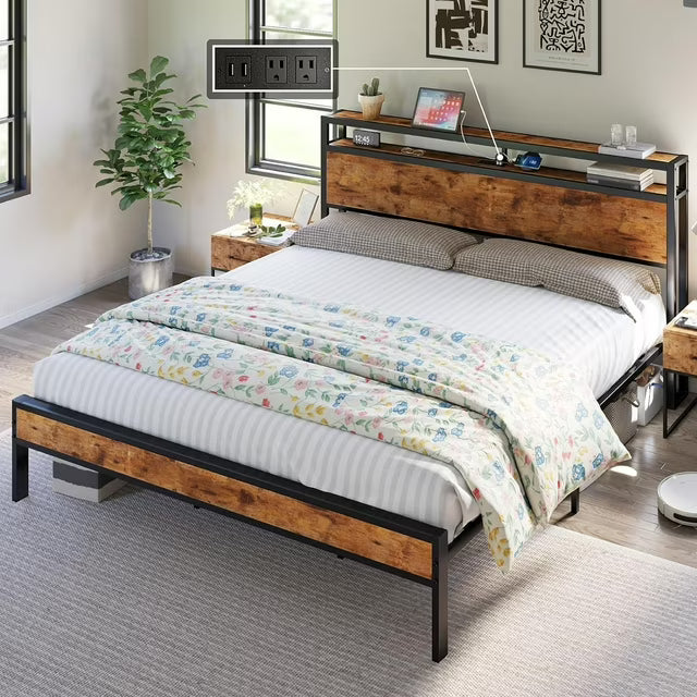 Merluxy Bed Frame Industrial Platform Bed with Charging Station, 2-Tier Storage Headboard/ No Box Spring Needed/ Noise-Free