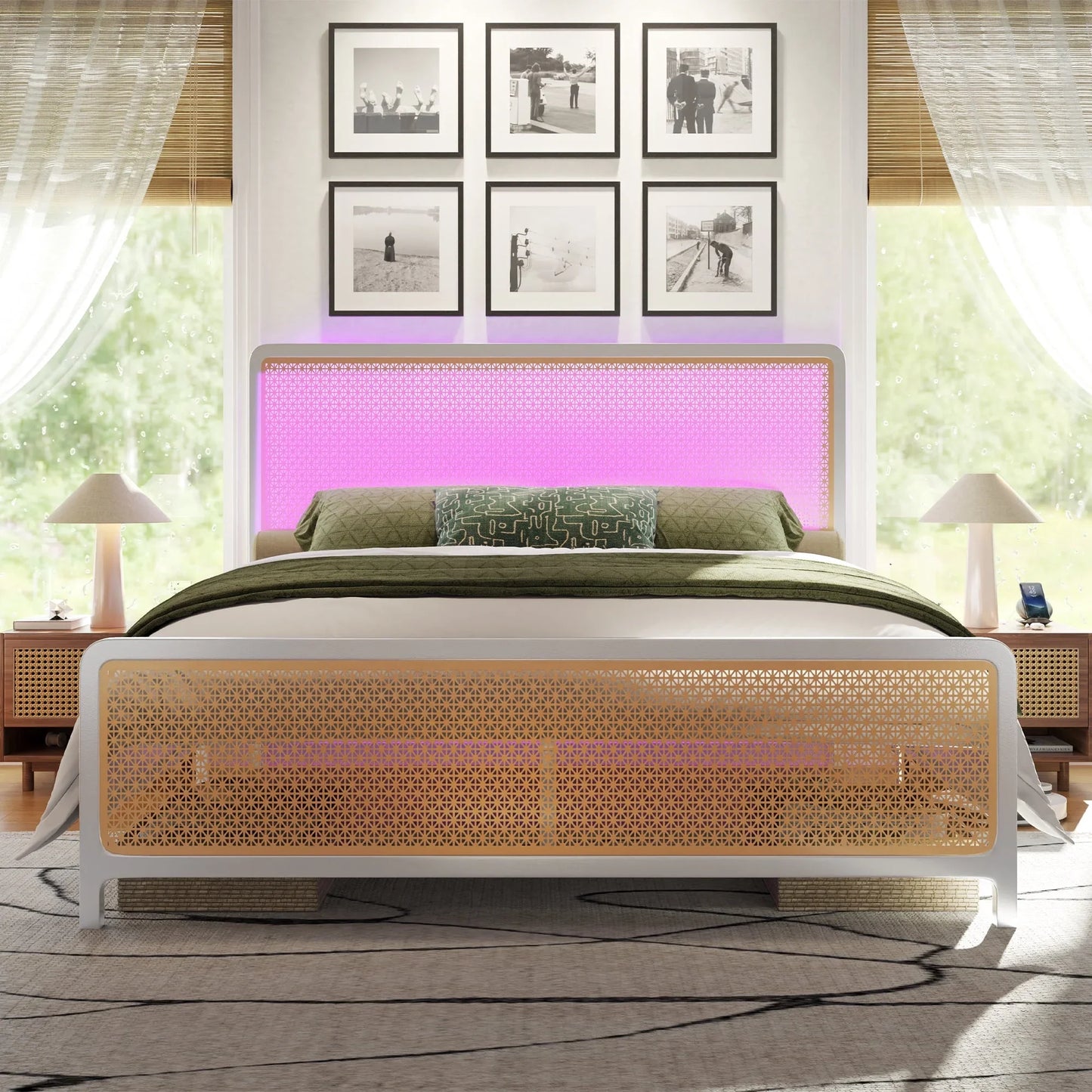 King Size Bed Frame with Metal Rattan Headboard and Footboard, King Platform Bed Frame with LED Lighted Headboard, No Box Spring Needed/Noise Free/White