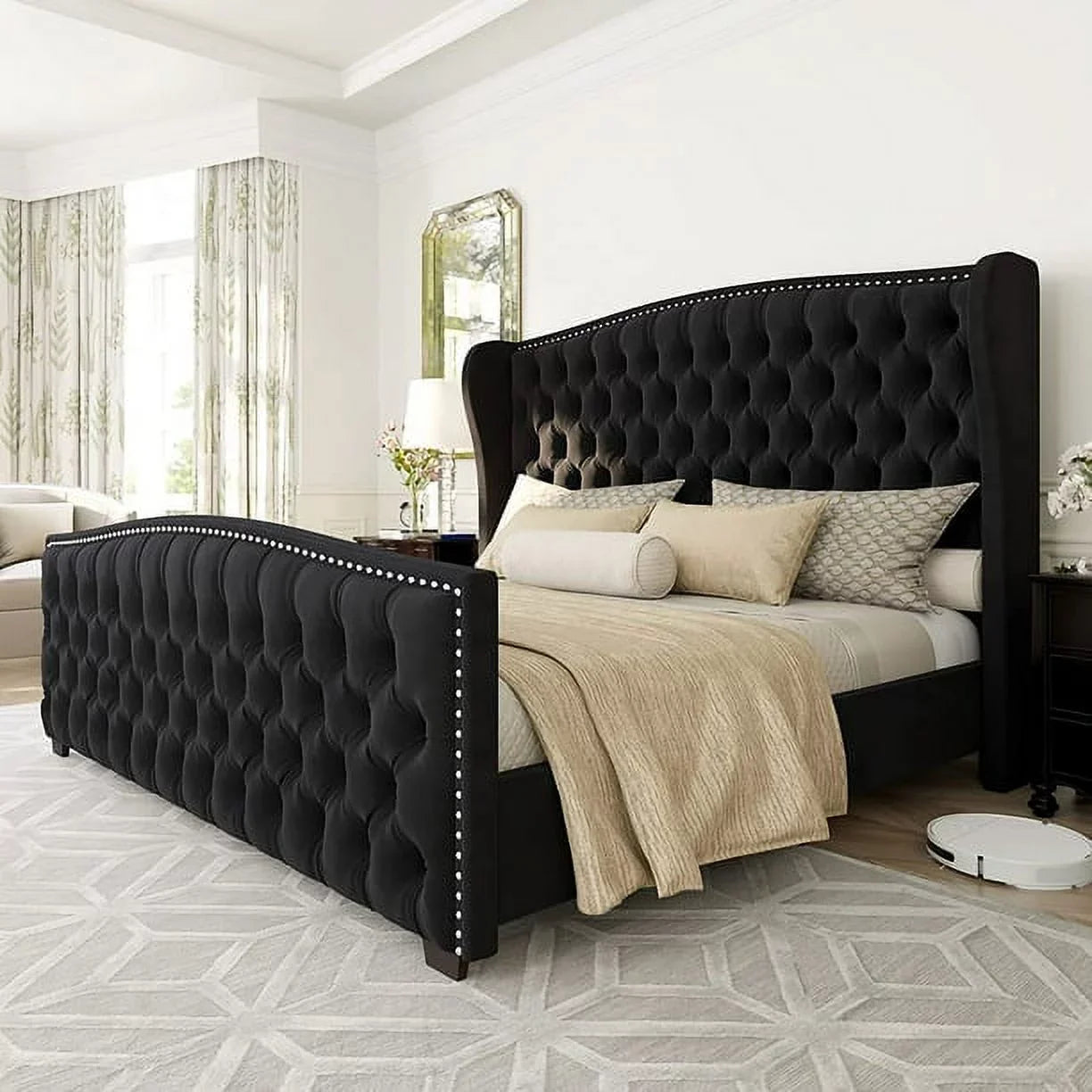 Queen Size Platform Bed Frame, Velvet Upholstered Bed with Deep Button Tufted & Nailhead Trim Wingback Headboard/No Box Spring Needed/Cream