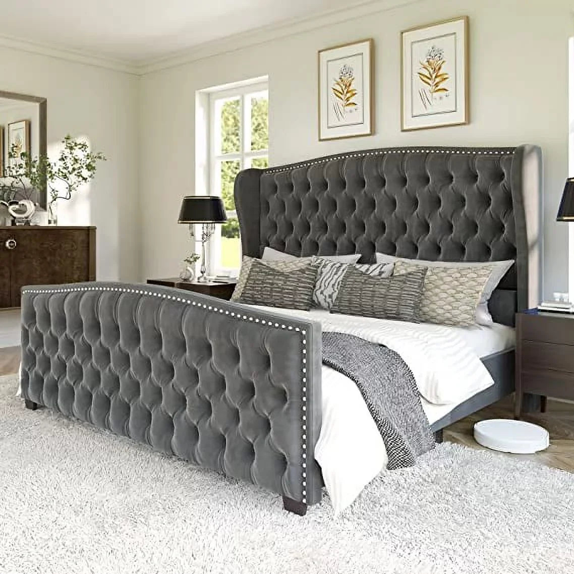 Queen Size Platform Bed Frame, Velvet Upholstered Bed with Deep Button Tufted & Nailhead Trim Wingback Headboard/No Box Spring Needed/Cream