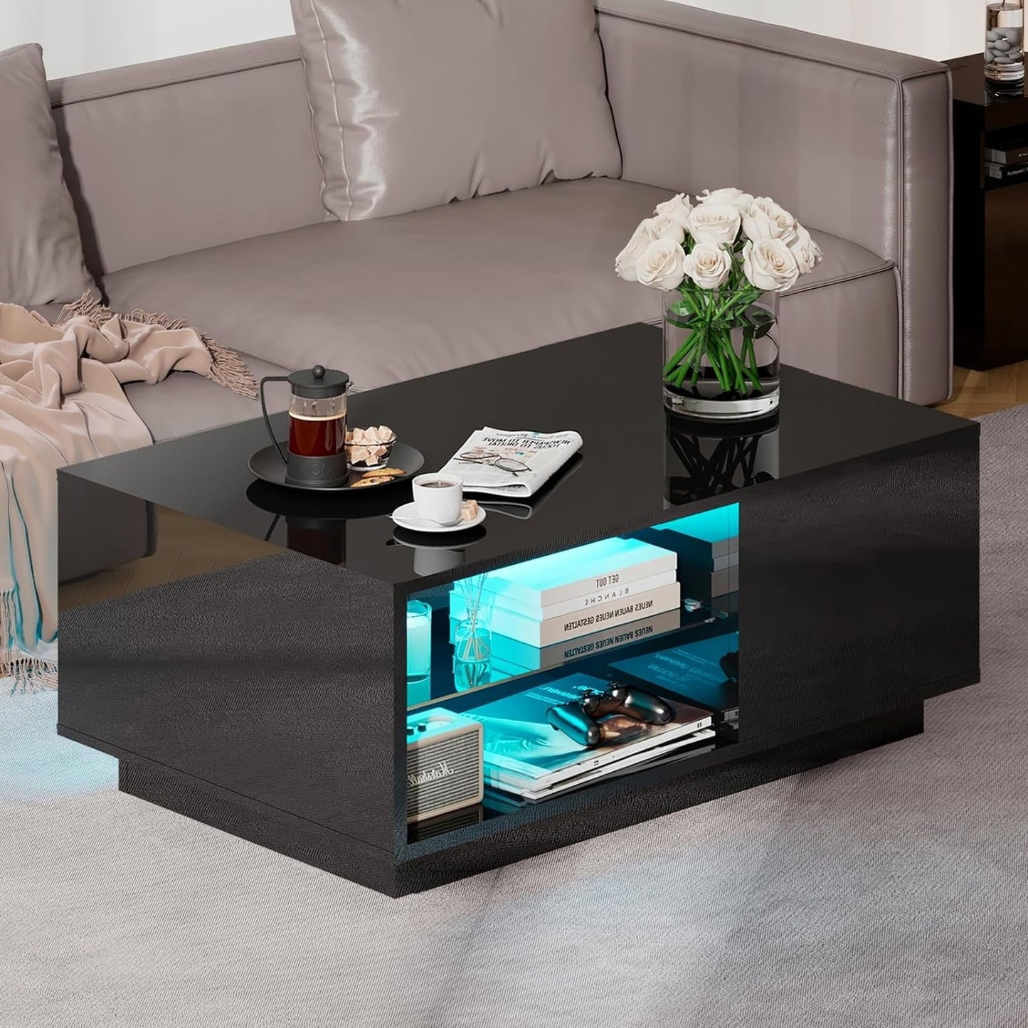 LED Coffee Table with 20-Color Light for Bedroom, Black
