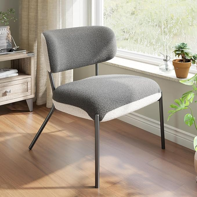 Modern Boucle Accent Chair, Color Contrast Upholstered Seat, Chair for Small Spaces, Chic Chair for Living Room, Bedroom, Vanity, Office, Reading Nook, White&Grey