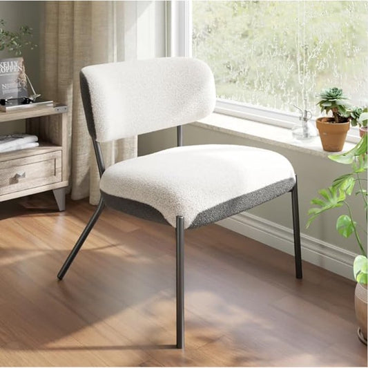 Modern Boucle Accent Chair, Color Contrast Upholstered Seat, Chair for Small Spaces, Chic Chair for Living Room, Bedroom, Vanity, Office, Reading Nook, White&Grey