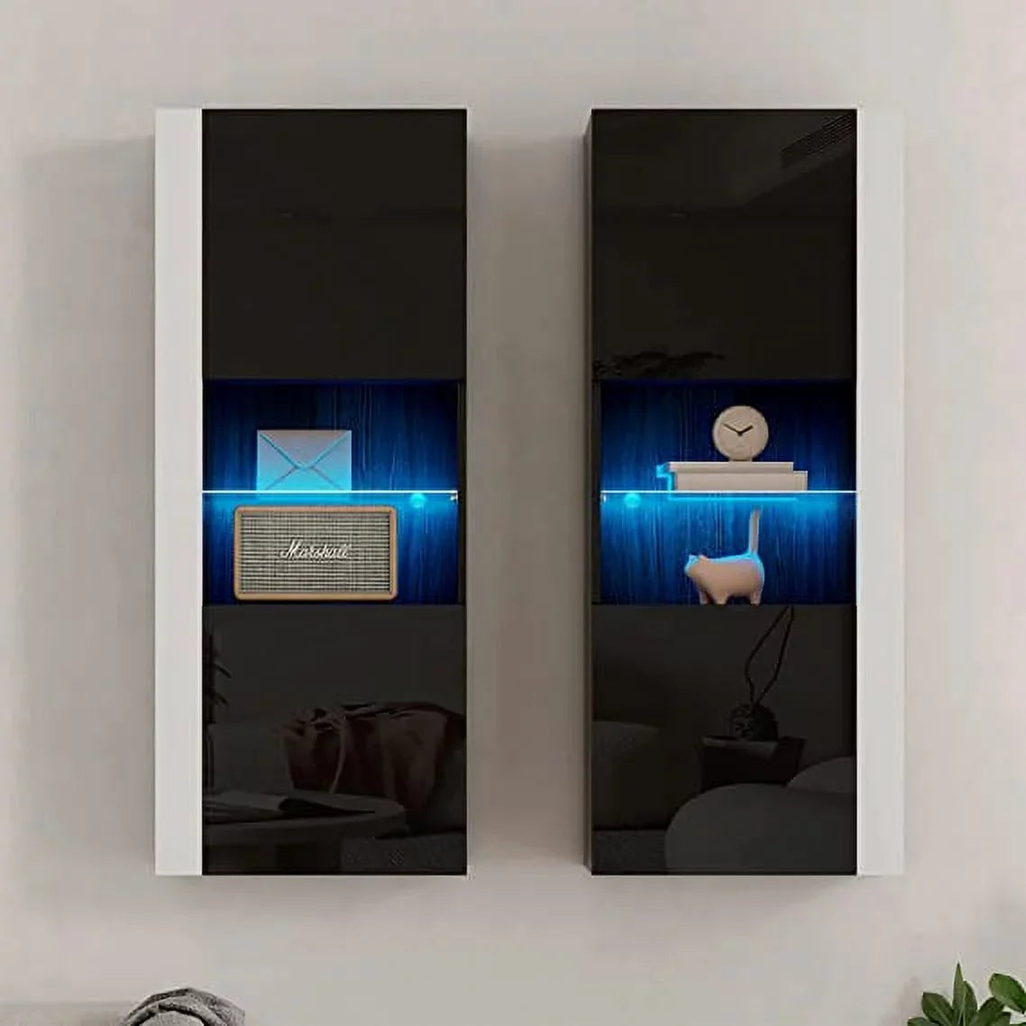 Modern Wall Storage Cabinets with LED Lights, Hanging Cabinets with Closed Doors & Open Shelves, White