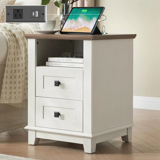 Nightstand with Charging Station, 18" Farmhouse End Table with Storage Drawers, Narrow Bedside Table with USB Ports for Living Room, Antique White