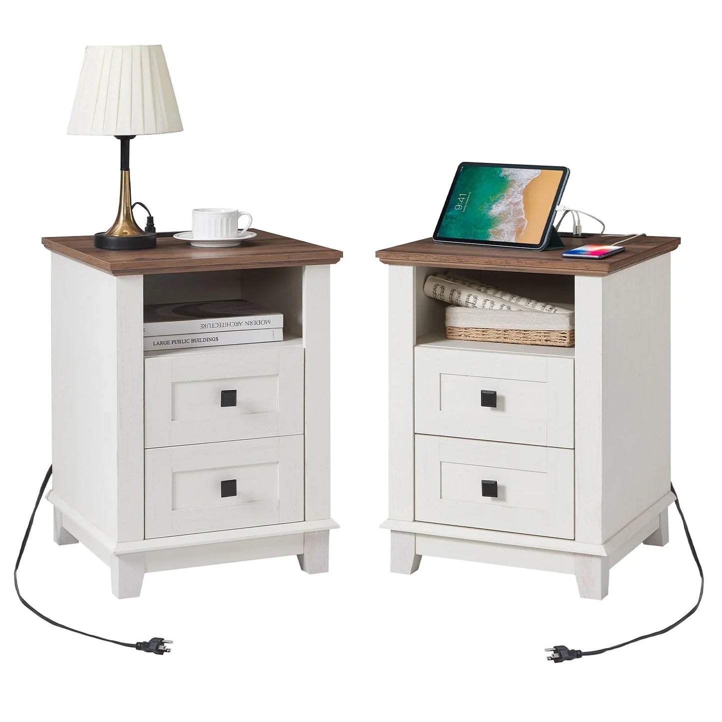 Nightstand with Charging Station, 18" Farmhouse End Table with Storage Drawers, Narrow Bedside Table with USB Ports for Living Room, Antique White