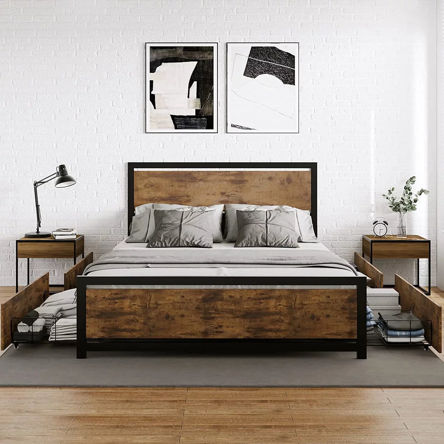 Queen Bed Frame with 4 XL Storage Drawers, Storage Platform Bed with Wooden Headboard & Footboard, No Box Spring Needed