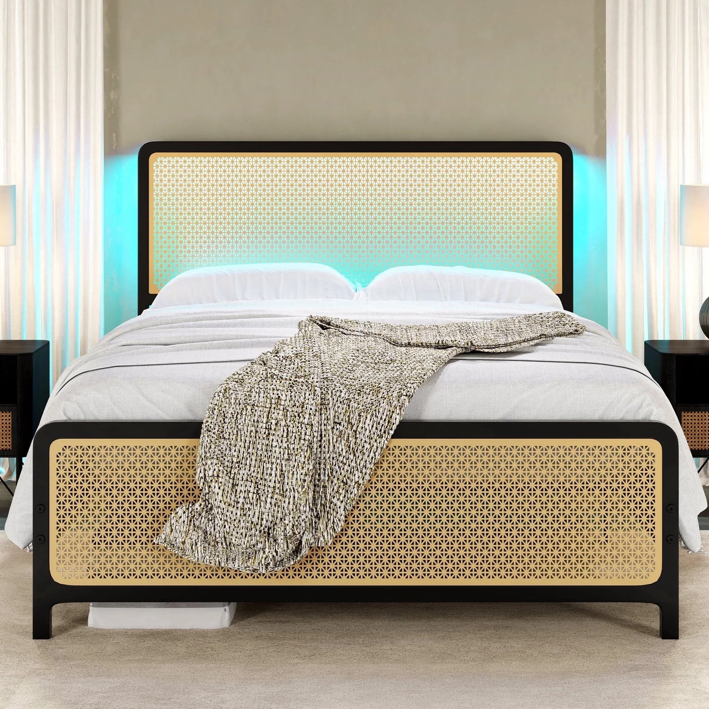 King Size Bed Frame with Metal Rattan Headboard and Footboard, King Platform Bed Frame with LED Lighted Headboard, No Box Spring Needed/Noise Free/White