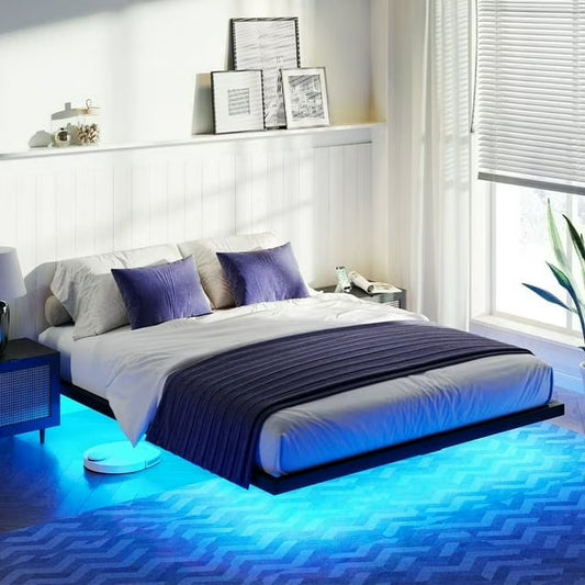 AMERLIFE Queen Industrial Metal Floating Platform Bed with LED Lights
