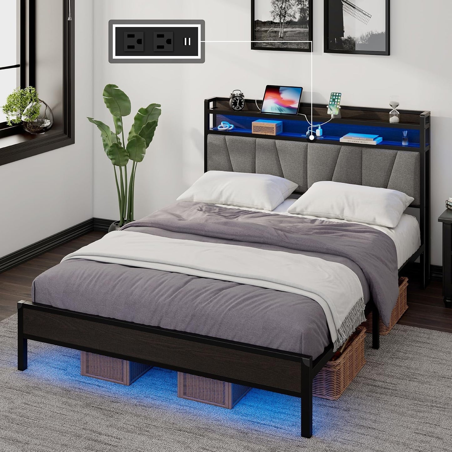 Bed Frame with RGBW LED Lights & Charging Station, Linen Upholstered Headboard with 2-Tier Storage, Stable Metal Platform, No Box Spring Needed/Noise-Free