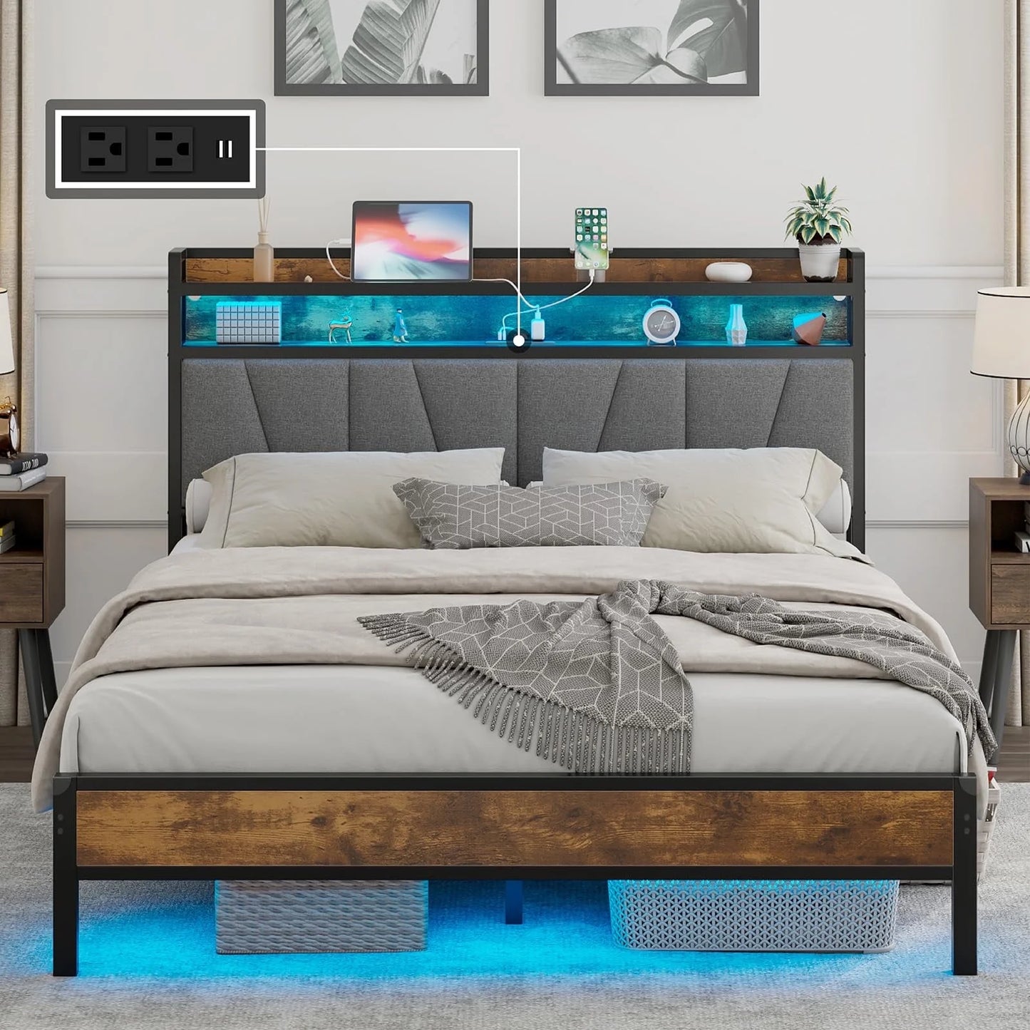Bed Frame with RGBW LED Lights & Charging Station, Linen Upholstered Headboard with 2-Tier Storage, Stable Metal Platform, No Box Spring Needed/Noise-Free