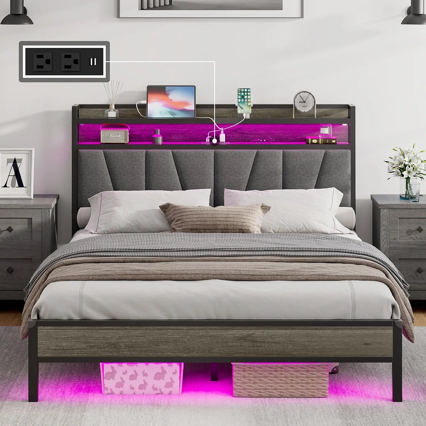 Bed Frame with RGBW LED Lights & Charging Station, Linen Upholstered Headboard with 2-Tier Storage, Stable Metal Platform, No Box Spring Needed/Noise-Free