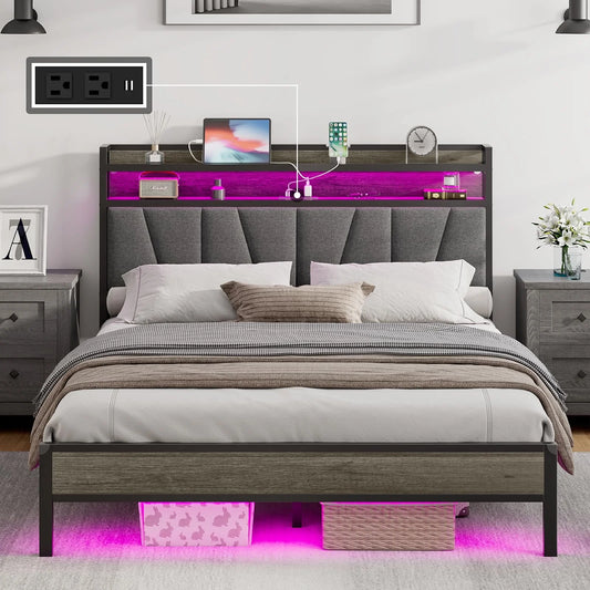 Papajet Bed Frame with Lights, Charging Station and Upholstered Headboard