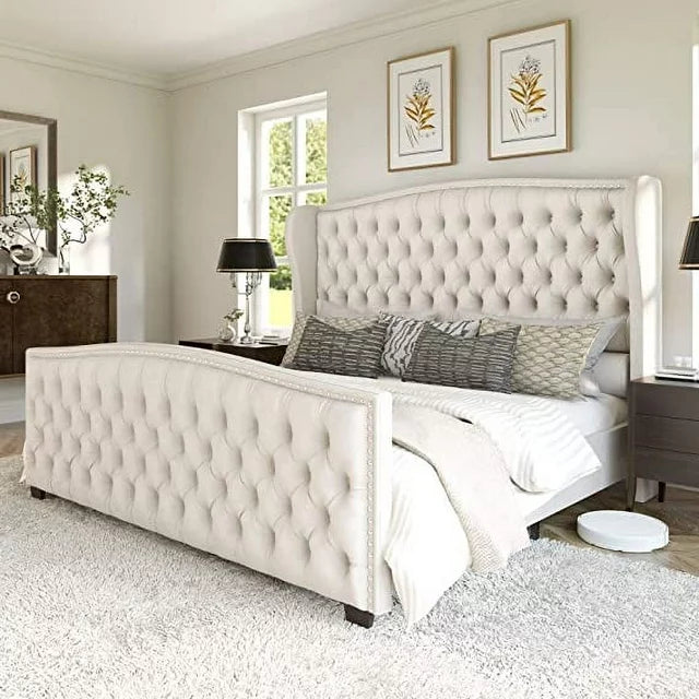 Queen Size Platform Bed Frame, Velvet Upholstered Bed with Deep Button Tufted & Nailhead Trim Wingback Headboard/No Box Spring Needed/Cream