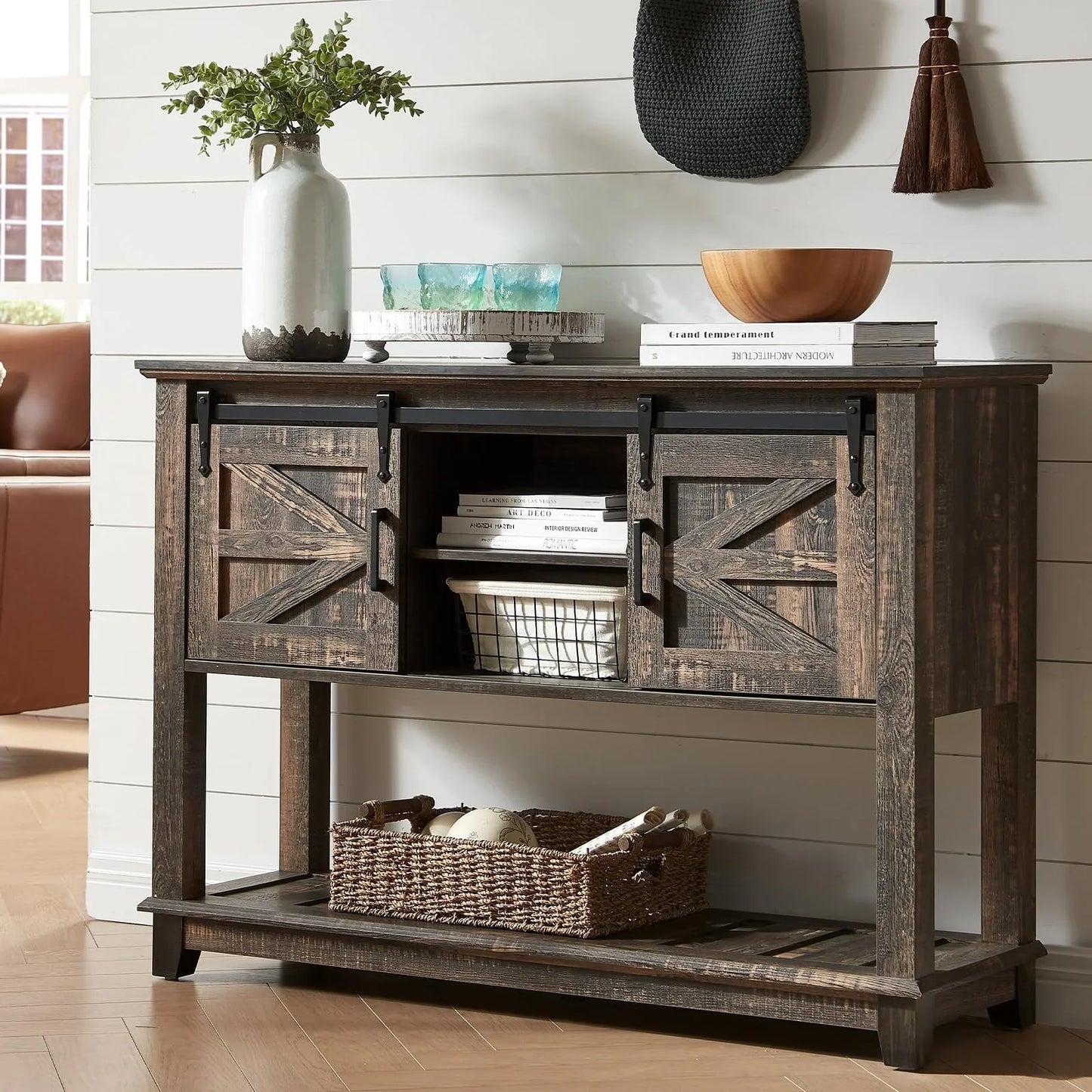 Sofa Table with Sliding Barn Doors, TV Console Table, 46" Farmhouse Rustic Storage Entryway Table, Adjustable Open Shelves, Hallway, Living Room, Bedroom, Antique White