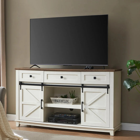 TV Stands for Living Room with Sliding Barn Doors for Televisions up to 65+ Inch, Rustic White