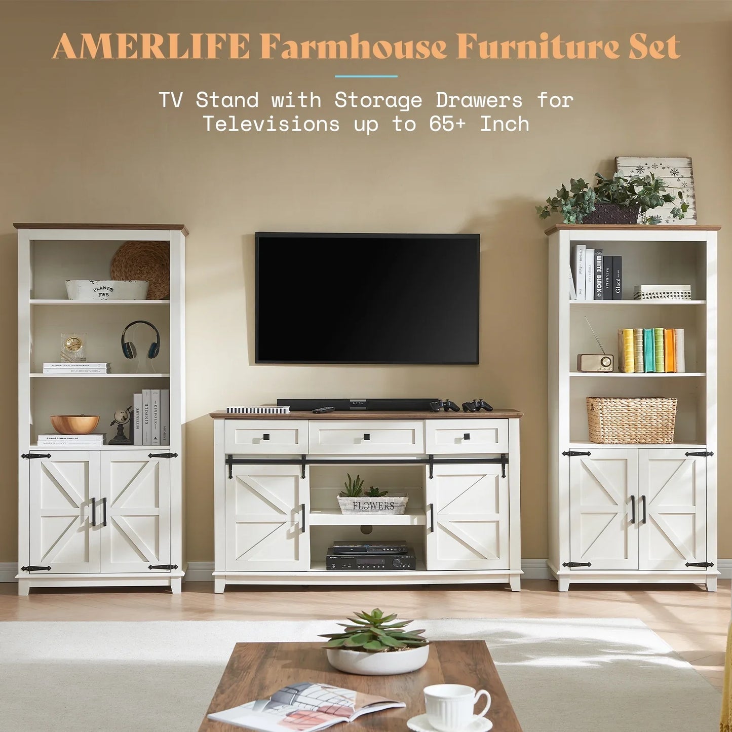 TV Stands for Living Room with Sliding Barn Doors for Televisions up to 65+ Inch, Rustic White