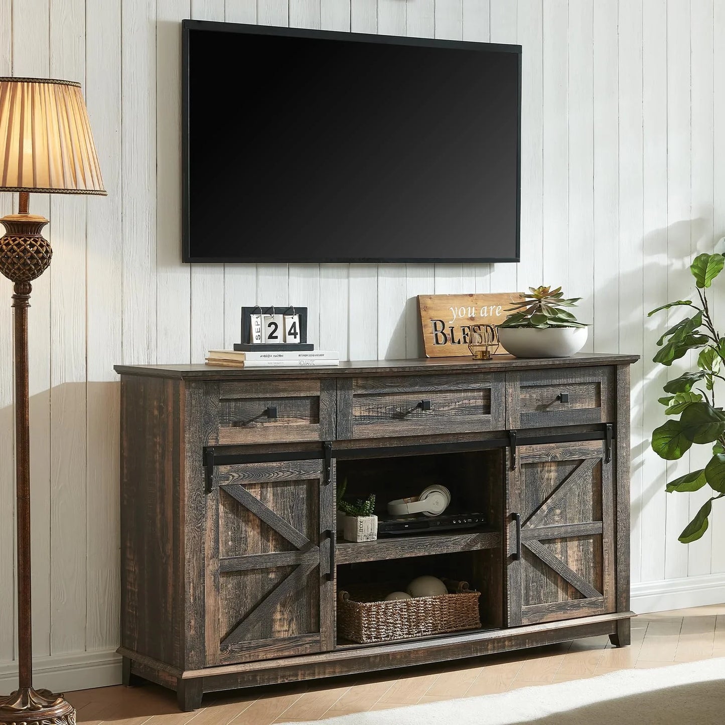 TV Stands for Living Room with Sliding Barn Doors for Televisions up to 65+ Inch, Rustic White