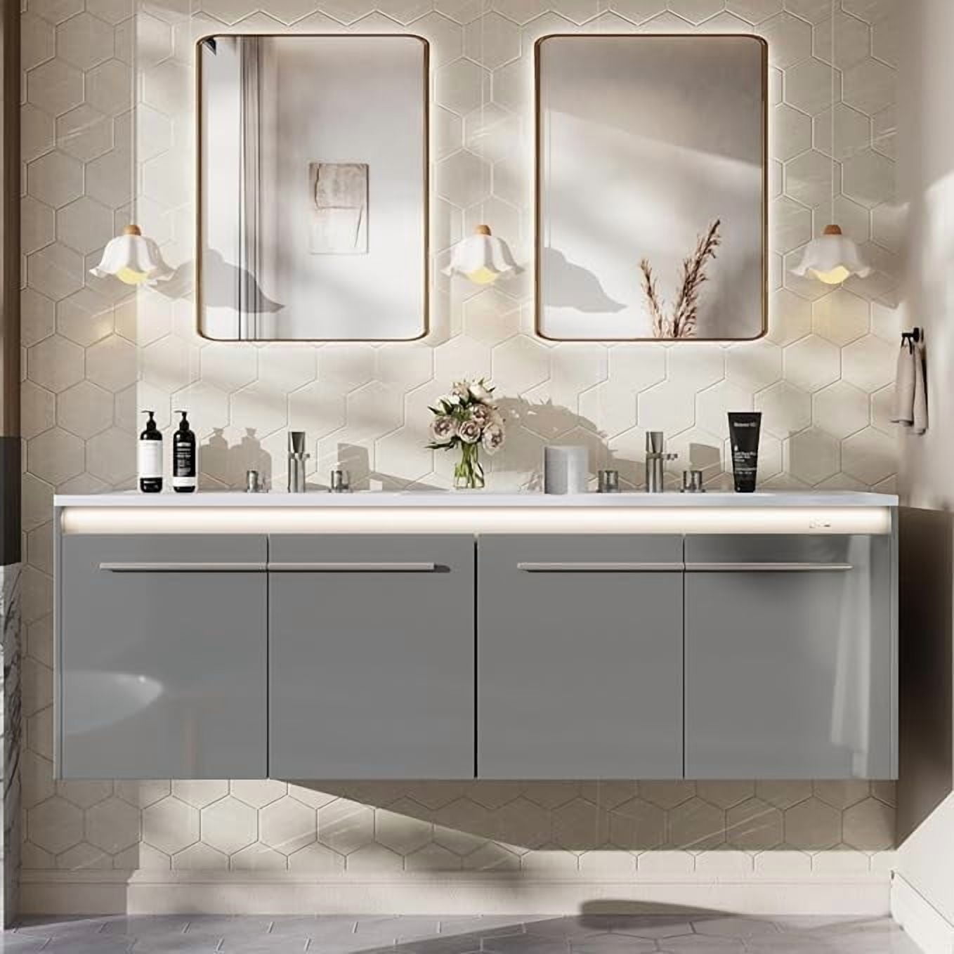 ARYARD 60" LED Floating Bathroom Double Vanity with Sink Combo, Modern High Gloss Wall Mounted Bathroom Storage Cabinet with 3 Hole Sink, Grey