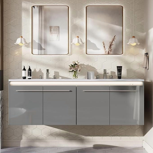 ARYARD 60" LED Floating Bathroom Double Vanity with Sink Combo, Modern High Gloss Wall Mounted Bathroom Storage Cabinet with 3 Hole Sink, Grey