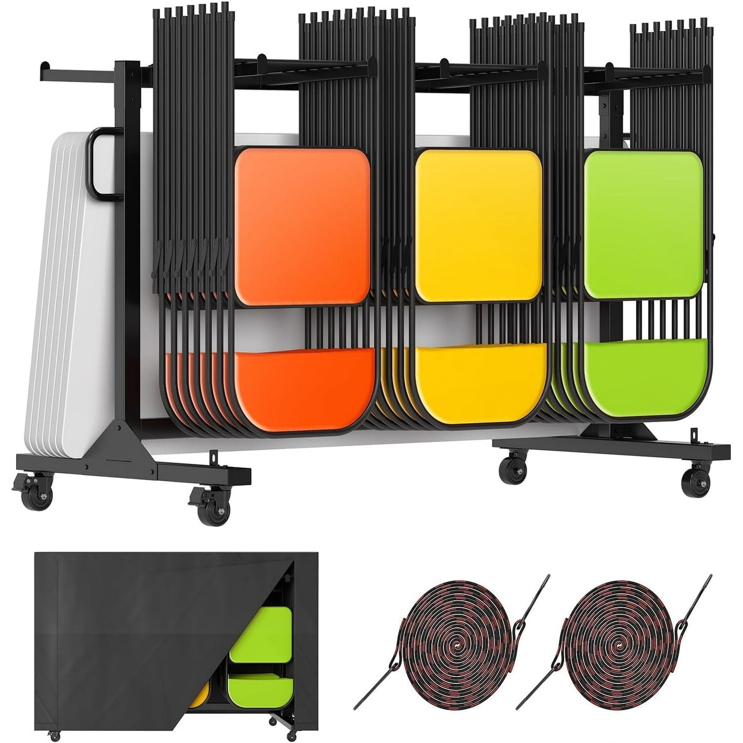 Jocisland Folding Chair Rack 12 Tables or 42 Chairs Storage 550 LBS Capacity Heavy-duty Folding Chair Cart With Wheels, 2 Elastic Cords, Cover, Black
