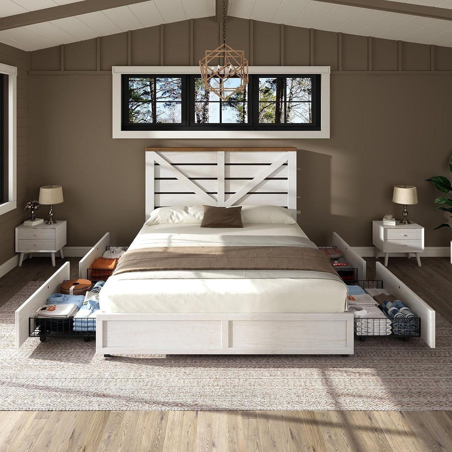 Amerlife 3 Piece Bedroom Set, Including Farmhouse Queen Bed Frame with 4 Drawers, 2 Nightstands with Charging Station for Bedroom, White