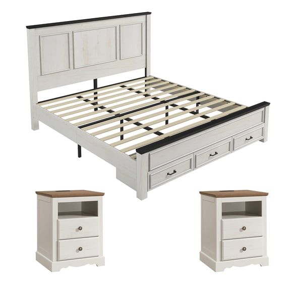 Amerlife 3-Piece Farmhouse Bedroom Furniture Set, Includes 1 King Wood Platform Bed Frame, 2 Nightstands with Charging Station, Rustic White