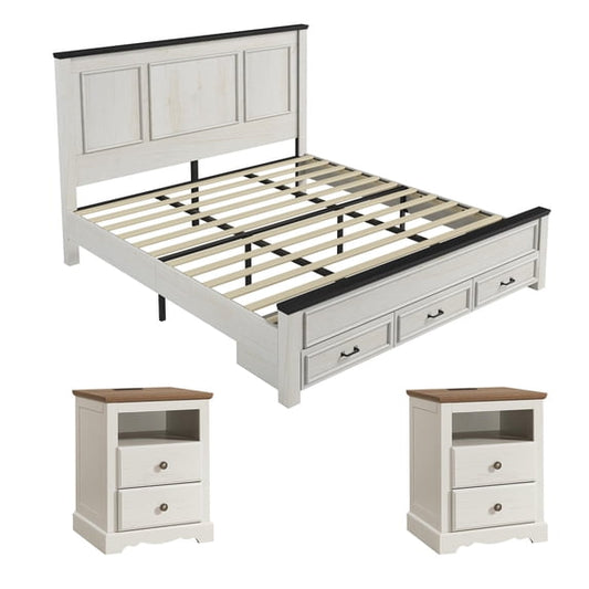 Amerlife 3-Piece Farmhouse Bedroom Furniture Set, Includes 1 King Wood Platform Bed Frame, 2 Nightstands with Charging Station, Rustic White