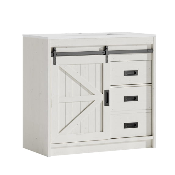Amerlife Farmhouse Vanity with Sink, Carrara White Marble Top, Storage Cabinet with 2 Drawer, Sliding Barn Door, for Bedroom