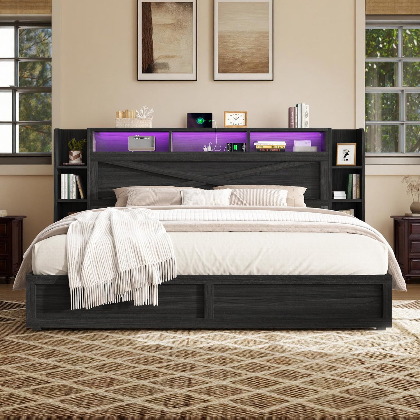 Amerlife Farmhouse Storage Bed Frame with Bookcase Headboard, Side Shelves & Underbed Drawers, LED Light & USB Charging Station