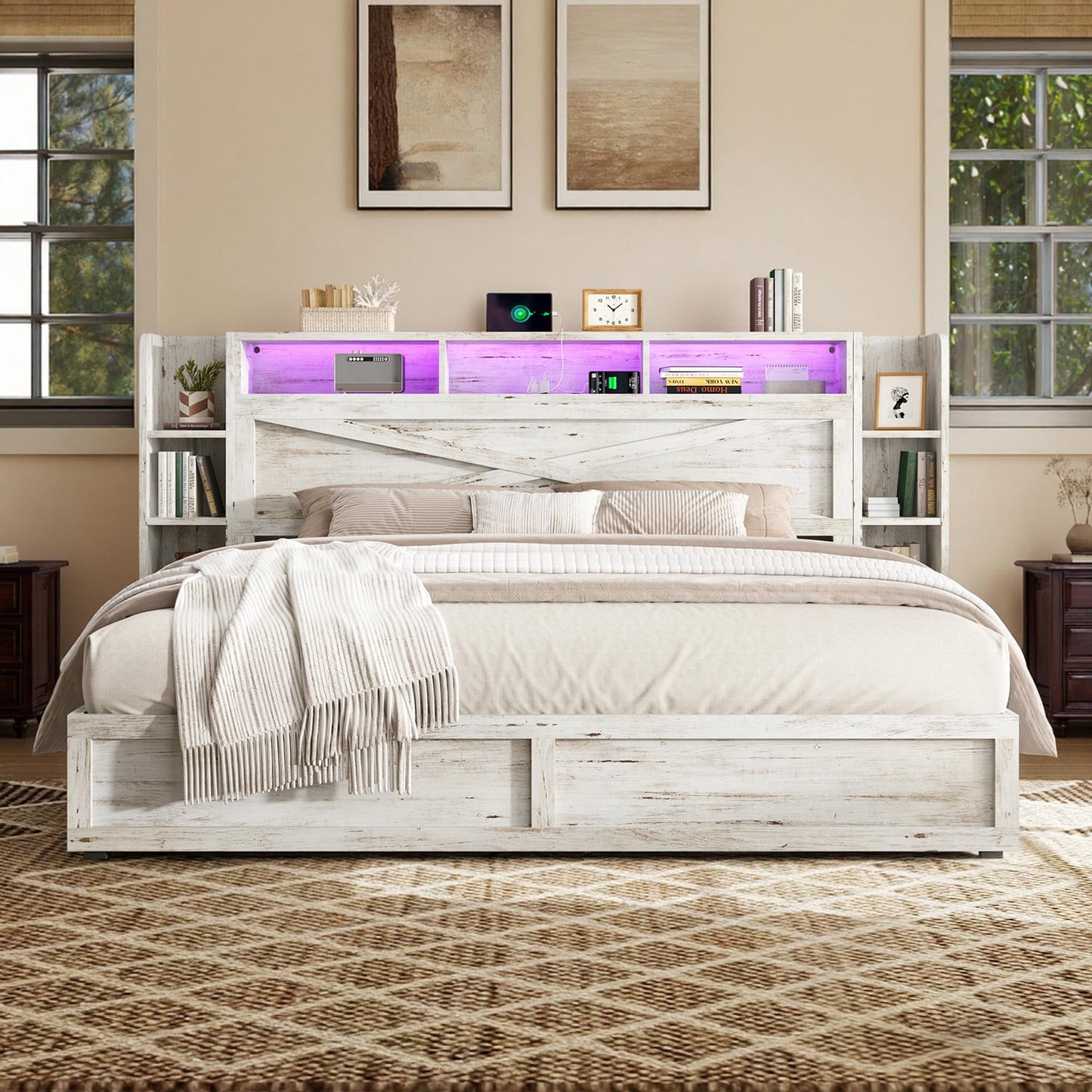 Amerlife Farmhouse Storage Bed Frame with Bookcase Headboard, Side Shelves & Underbed Drawers, LED Light & USB Charging Station