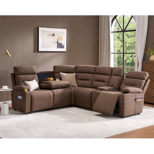 Amerlife Power Reclining Sectional Sofa with Dual Consoles, Cup Holders, USB, Hidden Storage, Linen Upholstery
