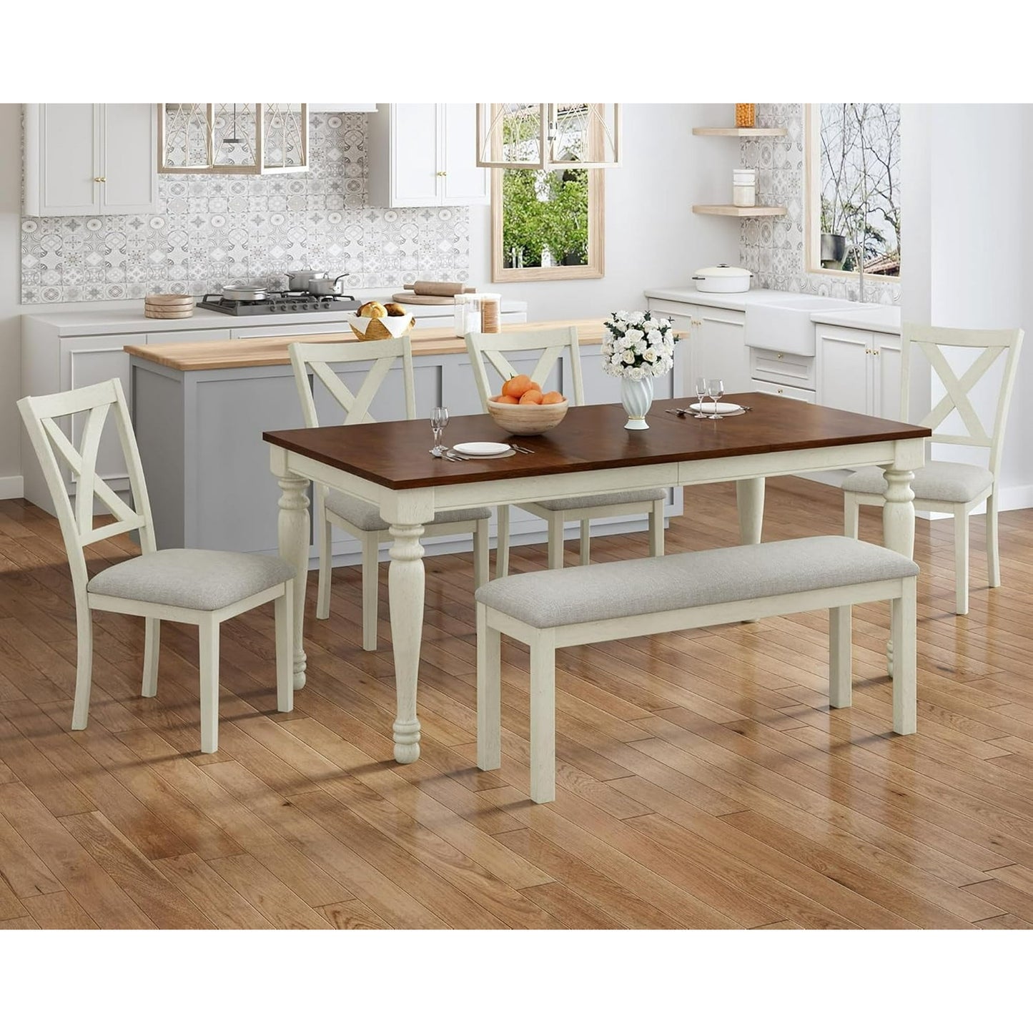 Amerlife 6 Piece 60" Solid Wood Dining Table Set for 6, for Kitchen, Dining Room