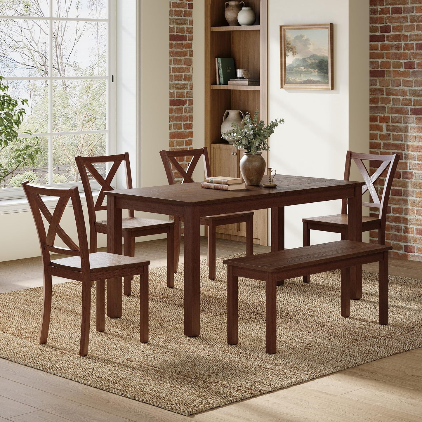 Amerlife 6-Piece Farmhouse Dining Table Set, 59" Wooden Table with 4 Chairs & Bench, Kitchen & Dining Room Set for 6, Space-Saving Rustic