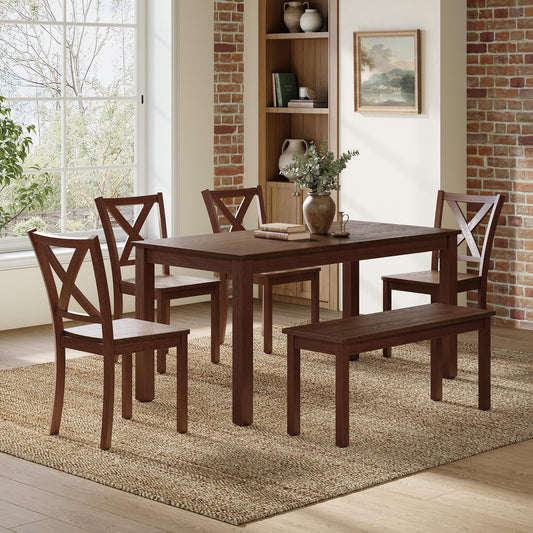 Amerlife 6-Piece Farmhouse Dining Table Set, 59" Wooden Table with 4 Chairs & Bench, Kitchen & Dining Room Set for 6, Space-Saving Rustic