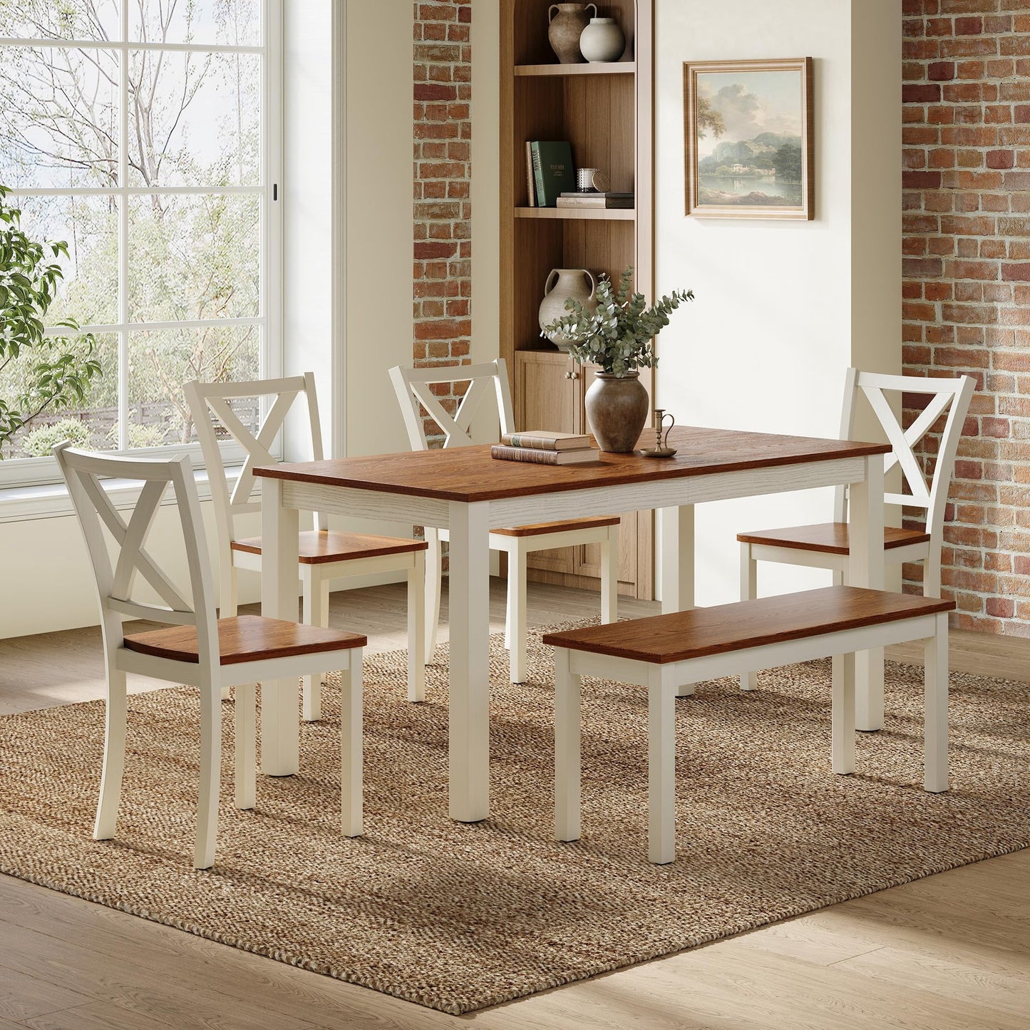 Amerlife 6-Piece Farmhouse Dining Table Set, 59" Wooden Table with 4 Chairs & Bench, Kitchen & Dining Room Set for 6, Space-Saving Rustic