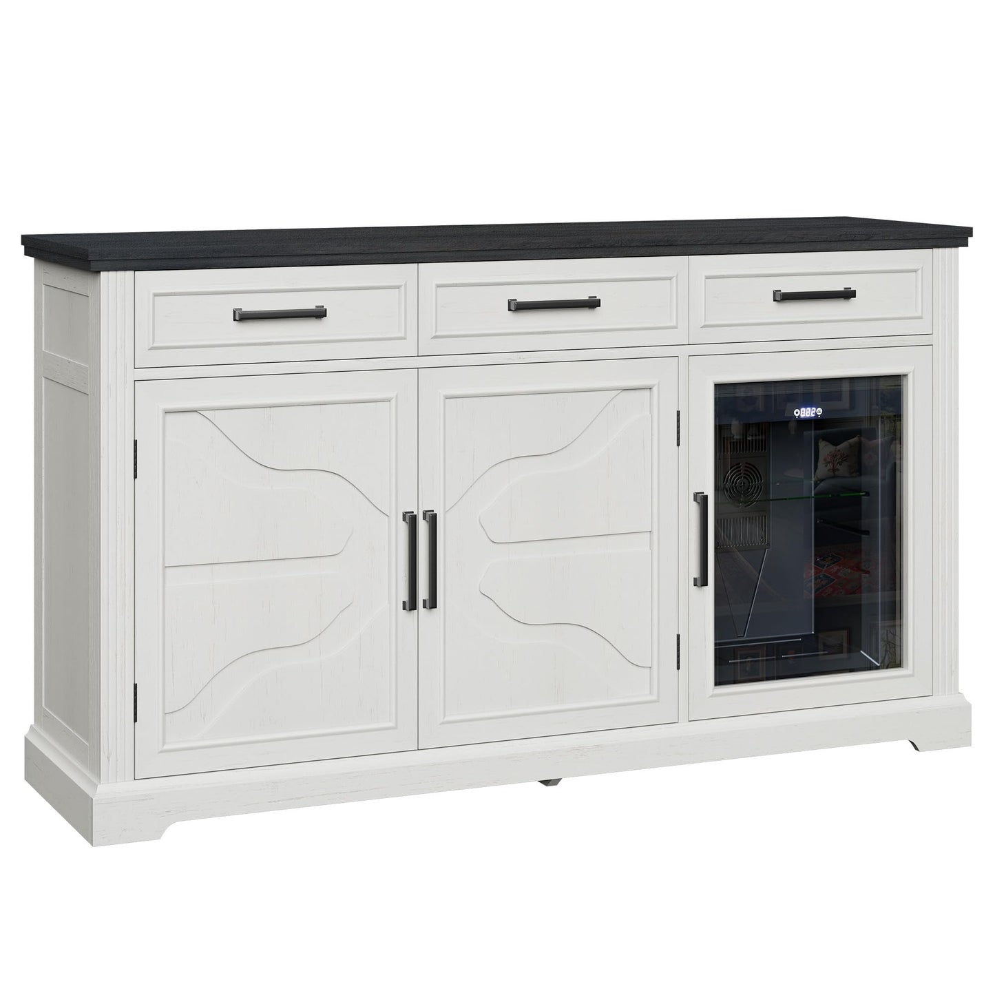 Amerlife 60" Farmhouse Coffee Bar Cabinet with Beverage Fridge (Included), Wine Bar Cabinet with Drawer Storage, Fridge Cabinet, for Dining Room-White