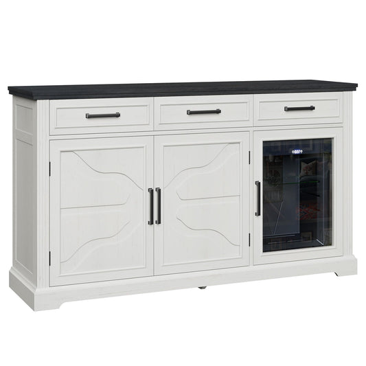 Amerlife 60" Farmhouse Coffee Bar Cabinet with Beverage Fridge (Included), Wine Bar Cabinet with Drawer Storage, Fridge Cabinet, for Dining Room-White