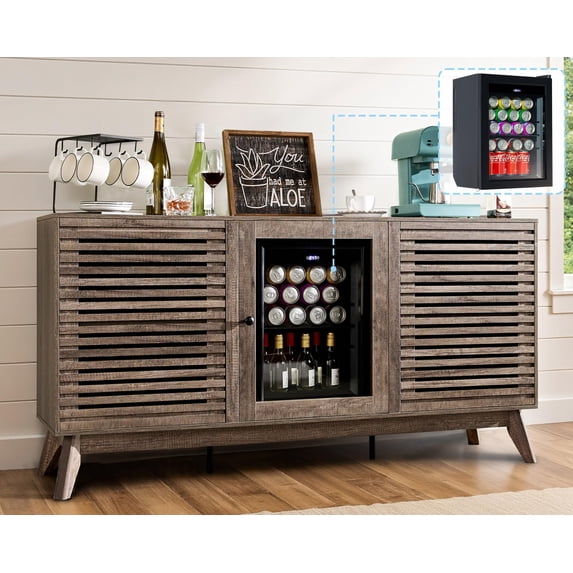 Amerlife 60" Farmhouse Coffee Bar Cabinet with Beverage Fridge (Included), Mini Fridge Cabinet with Wine Storage, for Kitchen Dining Room