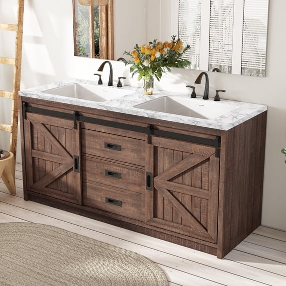 Amerlife Double Sink Bathroom Vanity with Barn Doors, Carrara White Marble Look Top, for Shared Bathrooms