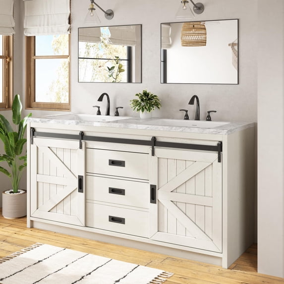 Amerlife Double Sink Bathroom Vanity with Barn Doors, Carrara White Marble Look Top, for Shared Bathrooms
