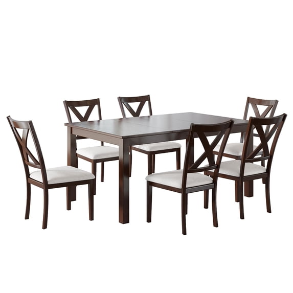Amerlife 7-Piece Farmhouse Dining Table Set for 6, 60'' Table and 6 Chairs, Space-Saving Dining Set for Kitchen, Small Apartment, Brown