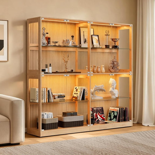 Amerlife 75-inch RGB Display Cabinet with Glass Shelves, 4-Tier Storage, LED Lights, Wood-Grain Slatted Finish