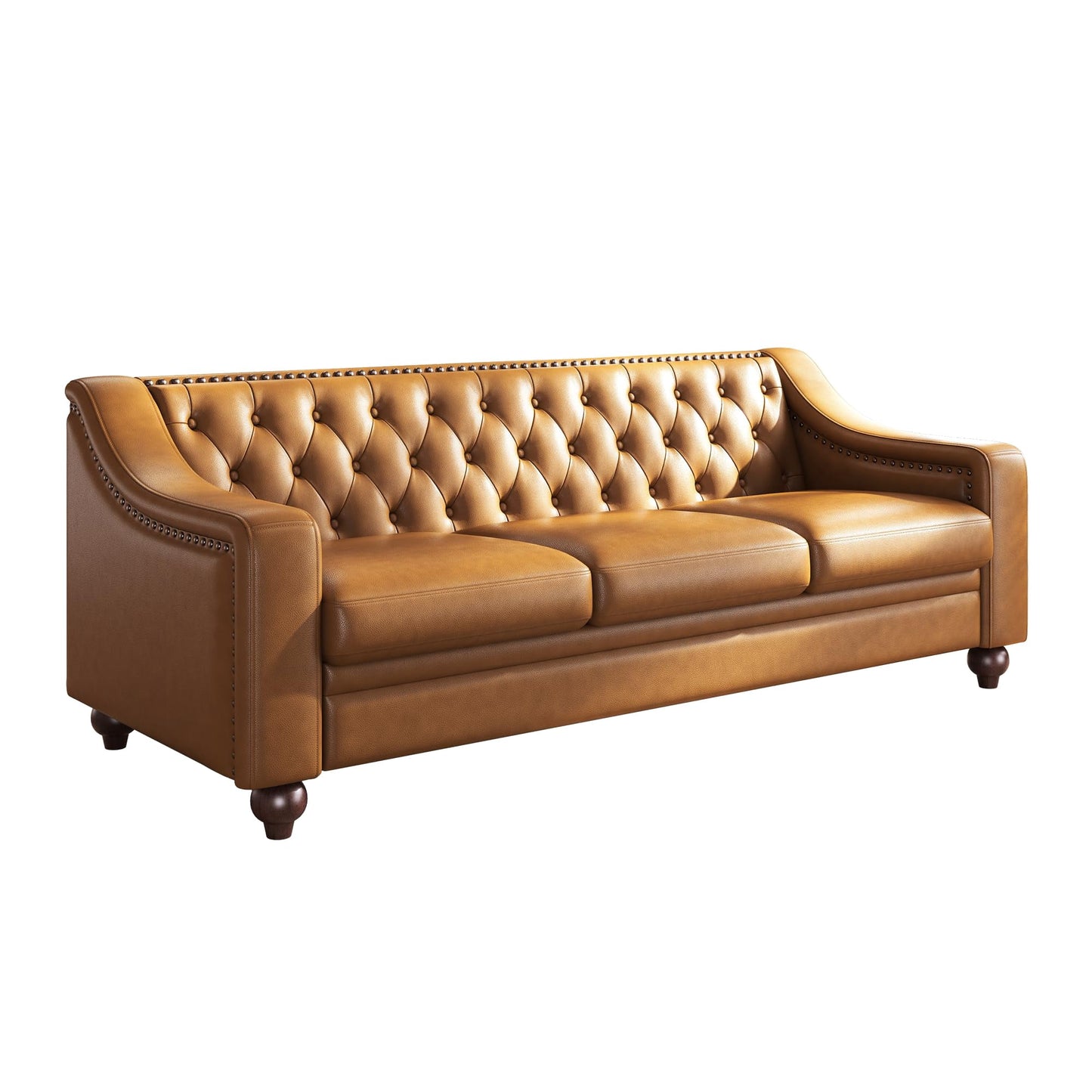 Amerlife 80" Leather Sofa, Modern Chesterfield Genuine, Tufted 3 Seater Brown Couch with Curved Arms, for Living Room