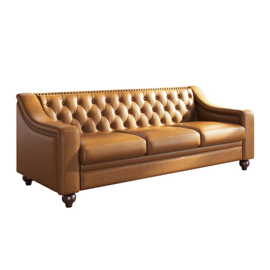 Amerlife 80" Leather Sofa, Modern Chesterfield Genuine, Tufted 3 Seater Brown Couch with Curved Arms, for Living Room