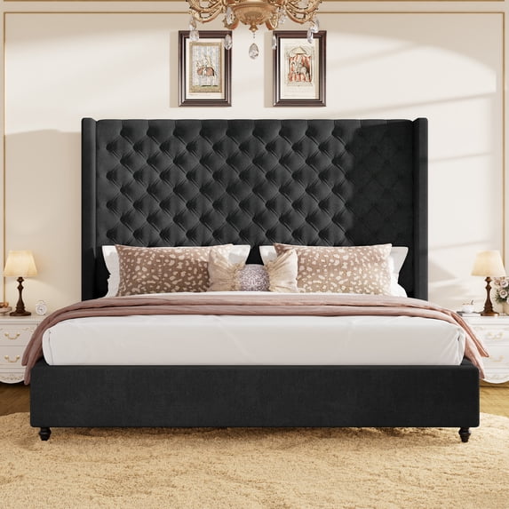 Amerlife Bed Frame with 65" Tall Wingback Headboard, Handcrafted Deep Button Tufting, Noise-Free, Solid Wood Legs