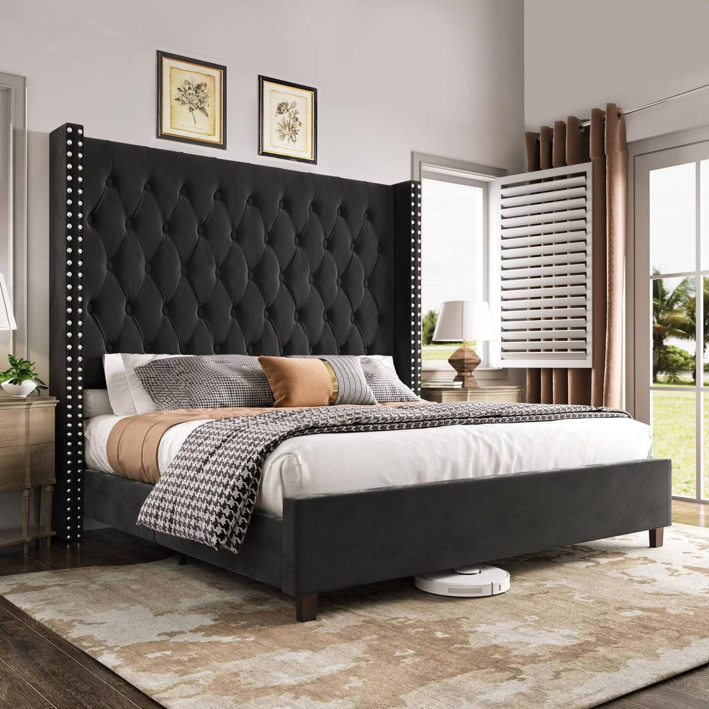 amerlife Bed Frame with 61.4" Tall Headborad and Deep Button Tufted,No Box Spring Needed,Velvet Upholstered